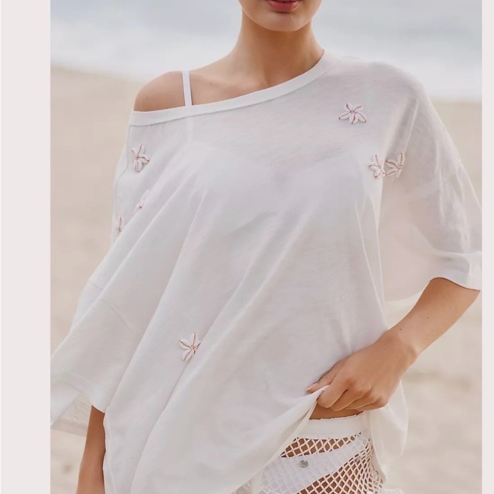Anthropologie Celandine Shells for Days Embellished T-Shirt Top White